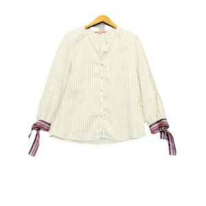 Vilagallo Shirt Button Boho Linen Blend Tie Sleeve Striped Silver Thread 42 (XL)